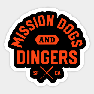 San Francisco Bay Area 'Mission Dogs and Dingers' Baseball Fan T-Shirt: Sport Your Love for SF Baseball and Iconic Mission Hot Dogs! Sticker